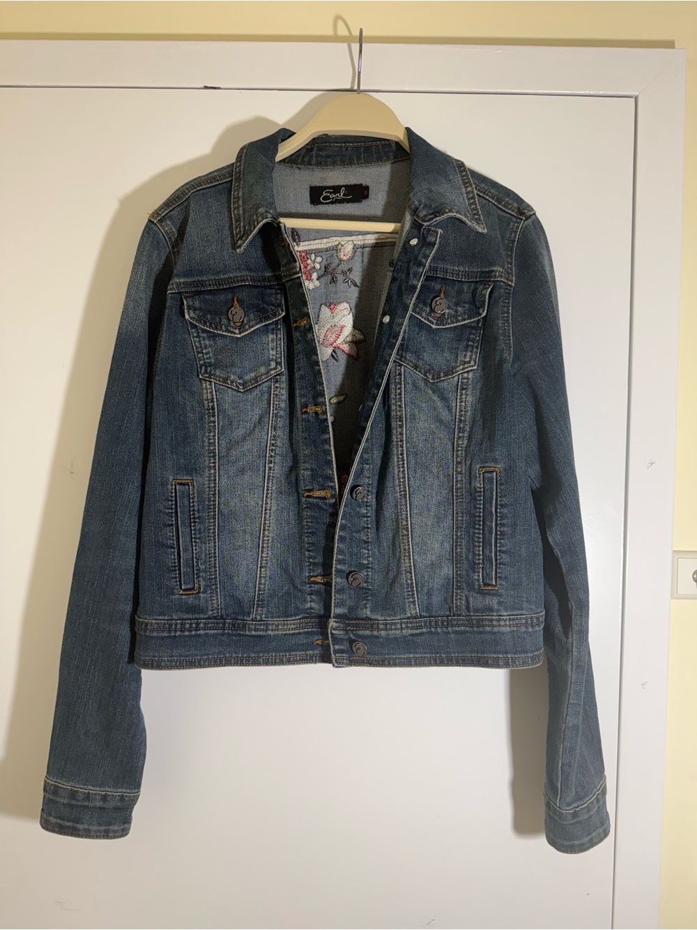 easel Blue Denim Jacket with Floral Inner Trim